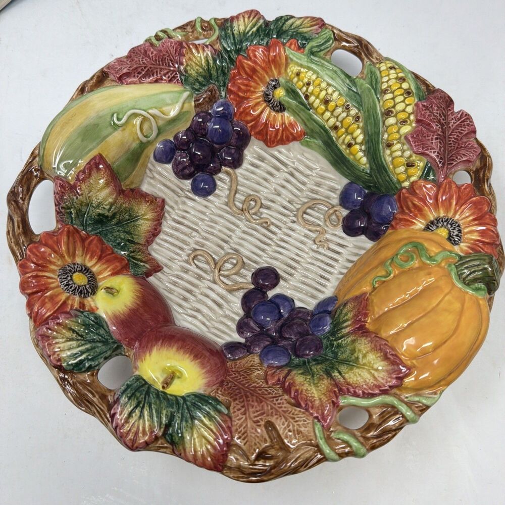Vintage Fitz & Floyd Autumn Bounty 9.5" Ceramic Bowl Harvest Motif Thanksgiving